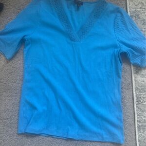 Talbots Blue V-Neck Top with Lace Detail